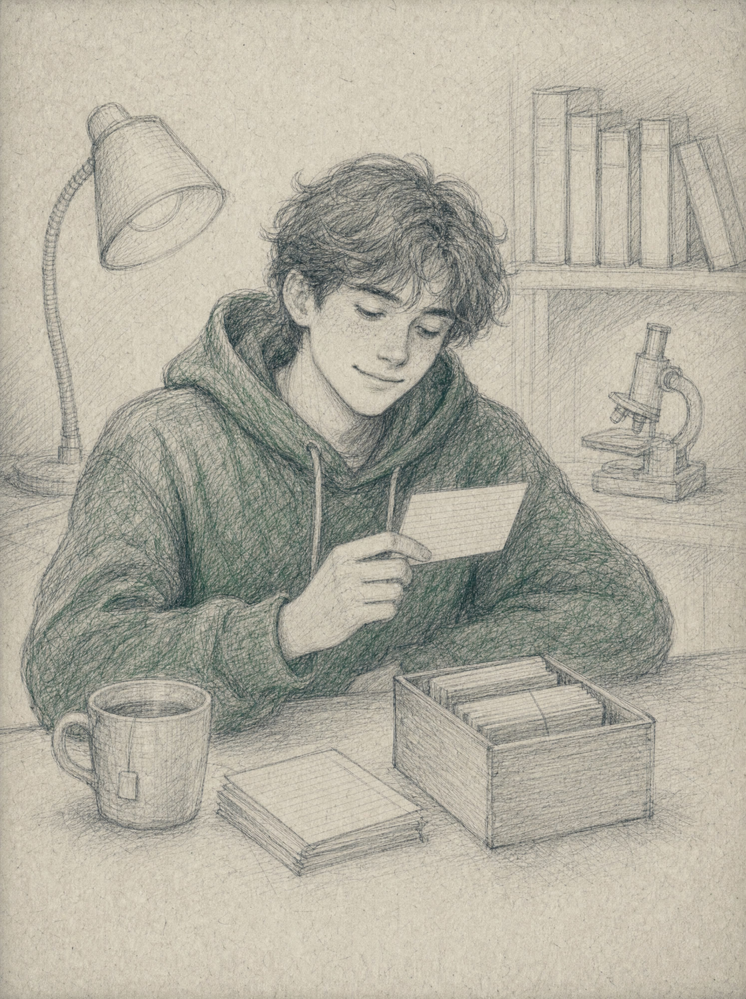 Pencil sketch of a high school student in a hooded sweatshirt at a tidy desk in the evening, holding one index card, with a small wooden card box and a mug of tea beside them. An illustration, not a real person.